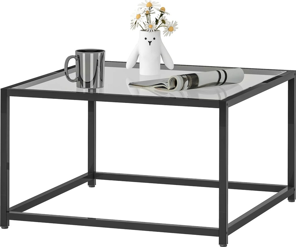 HOMCOM Măsuță pătrată noptieră cu blat din sticlă securizată, masă de cafea cu picioare din oțel 68 x 68 x 39 cm Negru | Aosom Romania