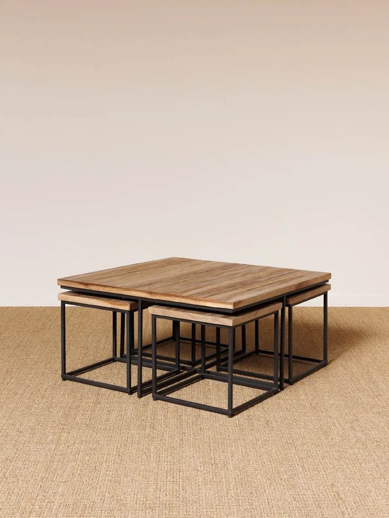 Set măsuță de cafea pătrată din lemn de tec și 4 scăunele, natur și negru, cu cadru din metal, finisaj mat, 40 x 90 x 90 cm, „Pocket”
