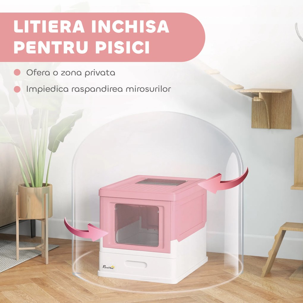 PawHut Litieră Acoperită pentru Pisici cu Lopățică Inclusă, Tavă Detașabilă și 2 Uși, 47,5x35,5x36,7 cm, Roz | Aosom Romania