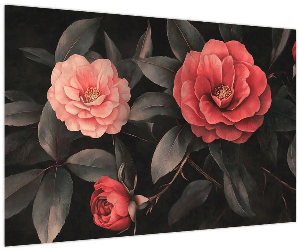 Tablou - Flori roșii pe fundal întunecat (90x60 cm)