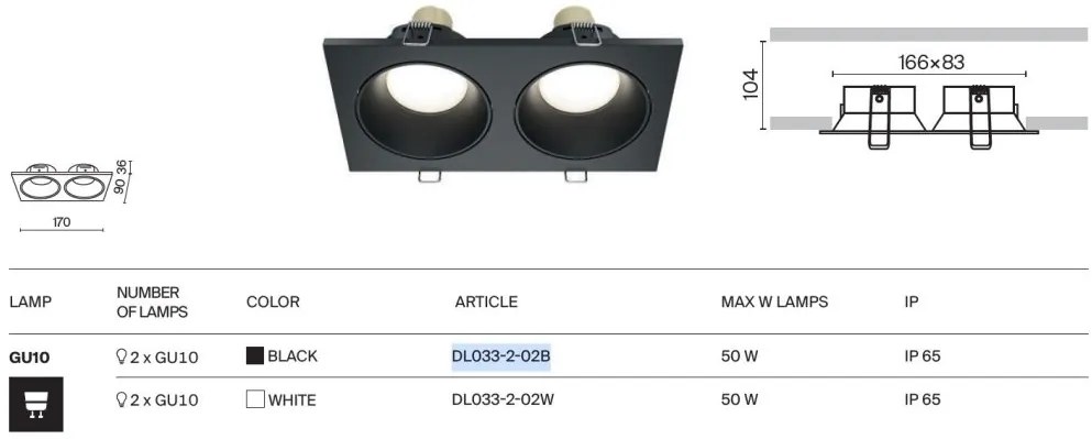 Corp incastrabil cu 2 spoturi design tehnic Zoom negru