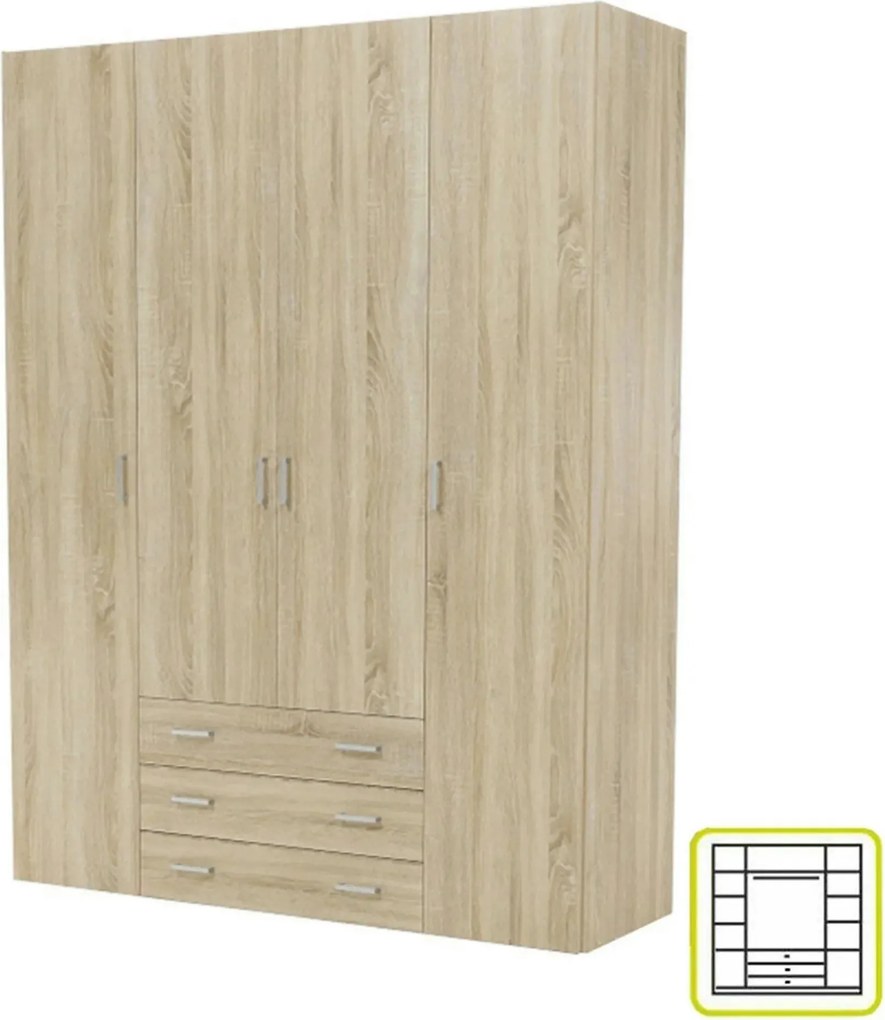 Dulap GWEN 70429, stejar sonoma, PAL, cu 4 usi si 3 sertare, 154x50x20