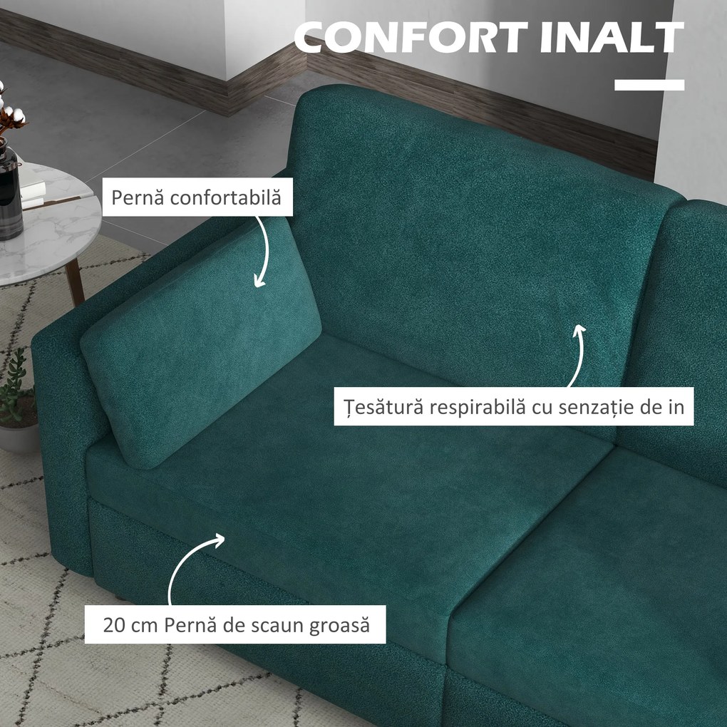 Canapea clasică cu 3 locuri cu scaun capitonat și arcuri, canapea din catifea pentru living și birou cu perne, 178x82x85cm verde HOMCOM | Aosom RO