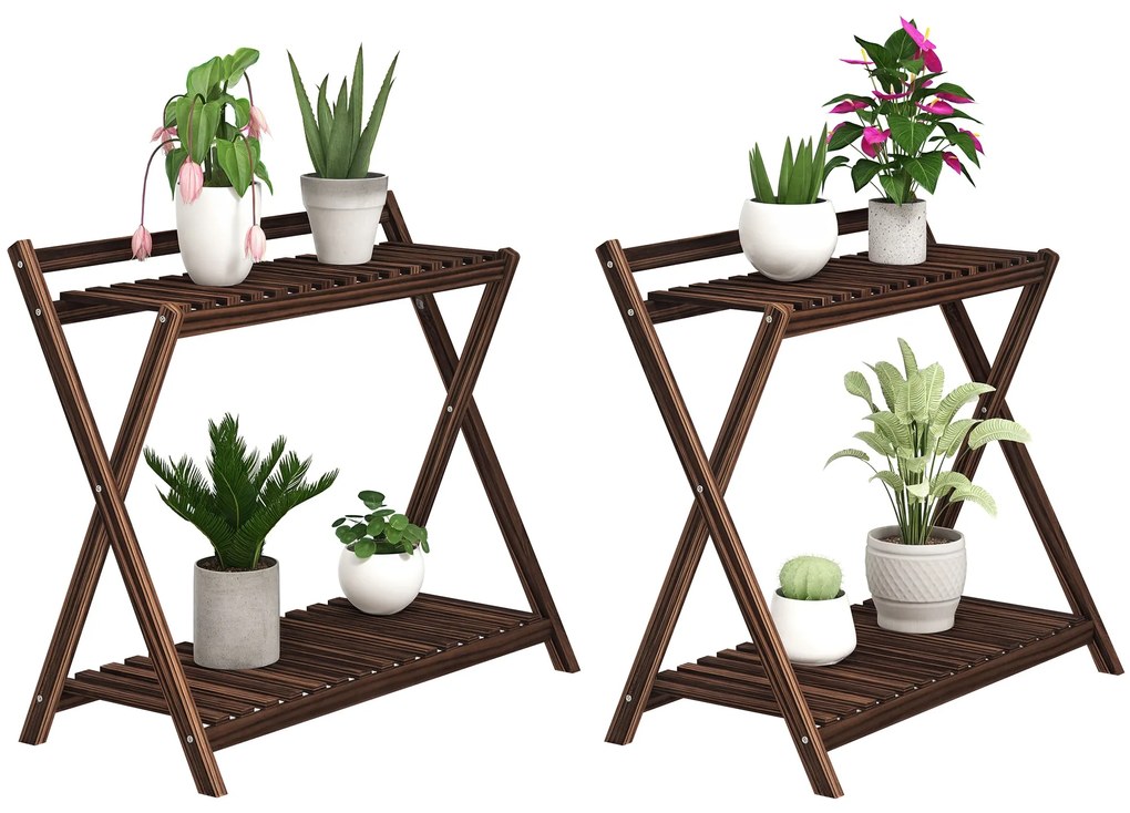 Outsunny Set de 2 Suporturi pentru Plante cu 2 Niveluri, 73x36x64 cm, Maro | Aosom Romania