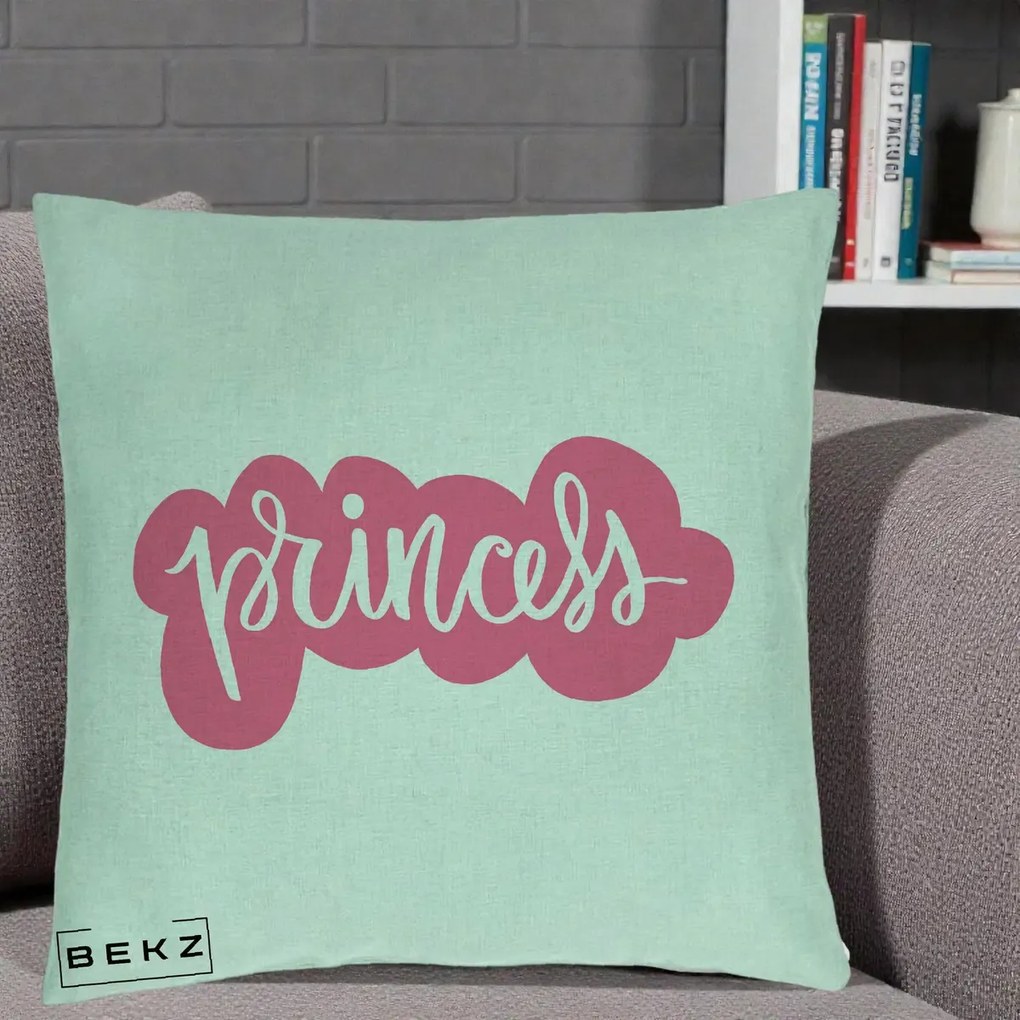 Perna Decorativa Princess Text Roz, 40x40 cm, Verde Menta, Husa Detasabila, Perna Inclusa, BEKZ®