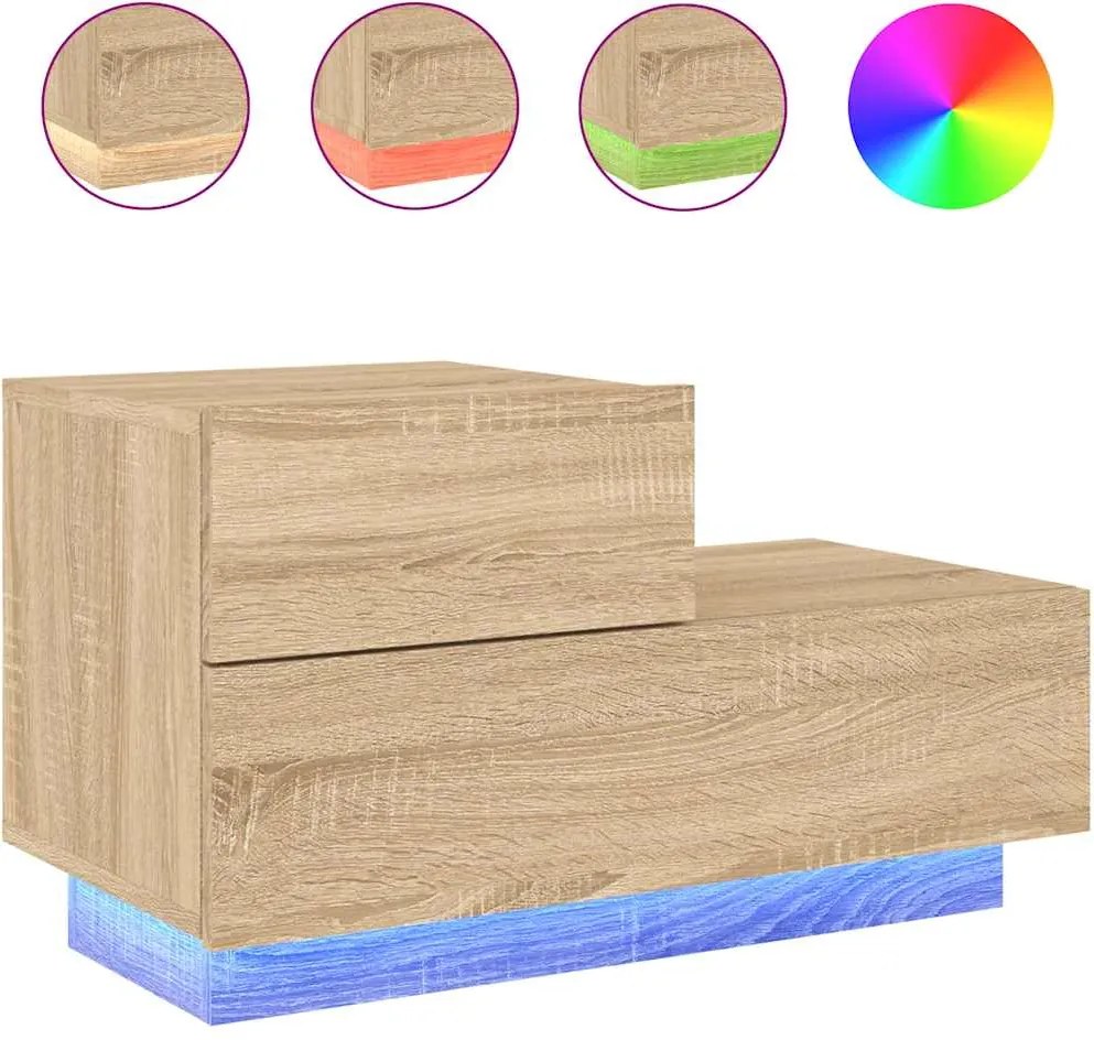 vidaXL Noptieră cu lumini LED, stejar sonoma, 70x36x40,5 cm