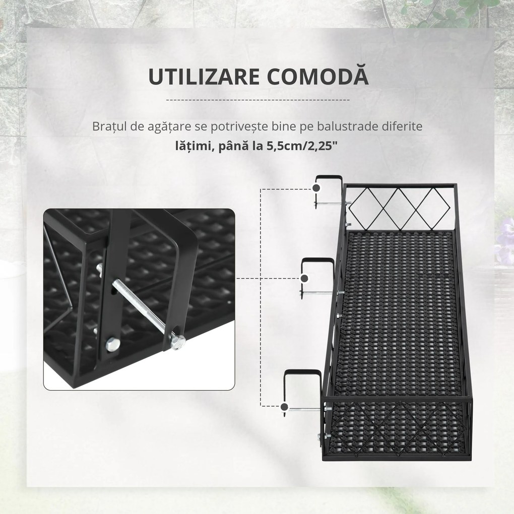 Jardiniera de Exterior Outsunny cu Carlige pentru Balustrada, Suport Ghivece pentru Balcon si Terasa din Metal, 100x31x12cm, Negru | Aosom Romania