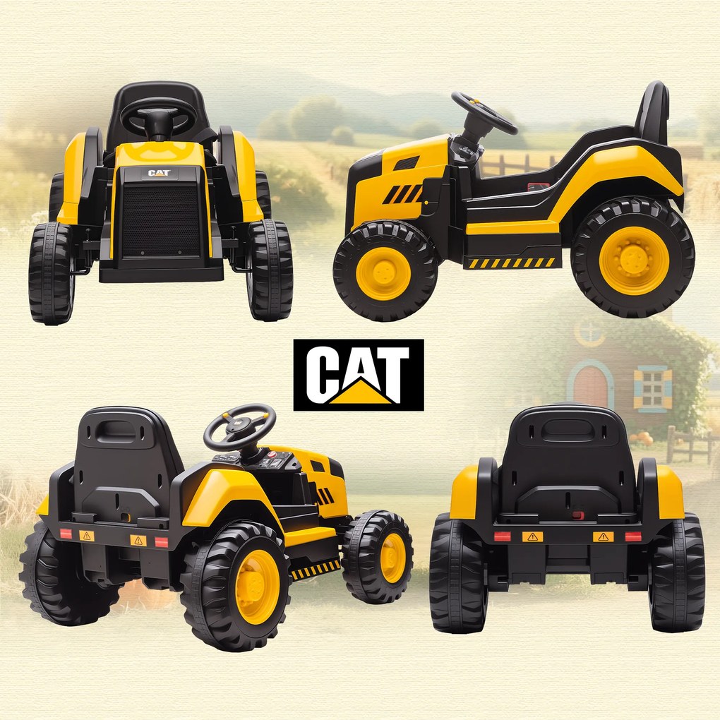 AIYAPLAY Mașină Electrică pentru Copii 3-6 Ani, Licențiată Oficial de CAT, 12V, Control Manual și cu Telecomandă, Galben | Aosom Romania