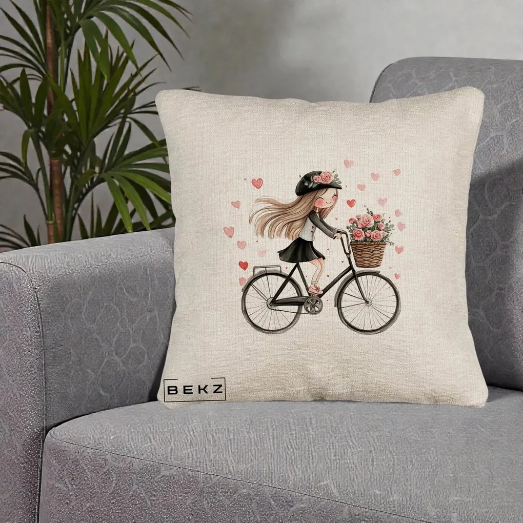 Perna Decorativa Fetita Kawaii pe Bicicleta cu Trandafiri si Inimioare, 40x40 cm, Bej Canapea, Husa Detasabila, Perna Inclusa, BEKZ®