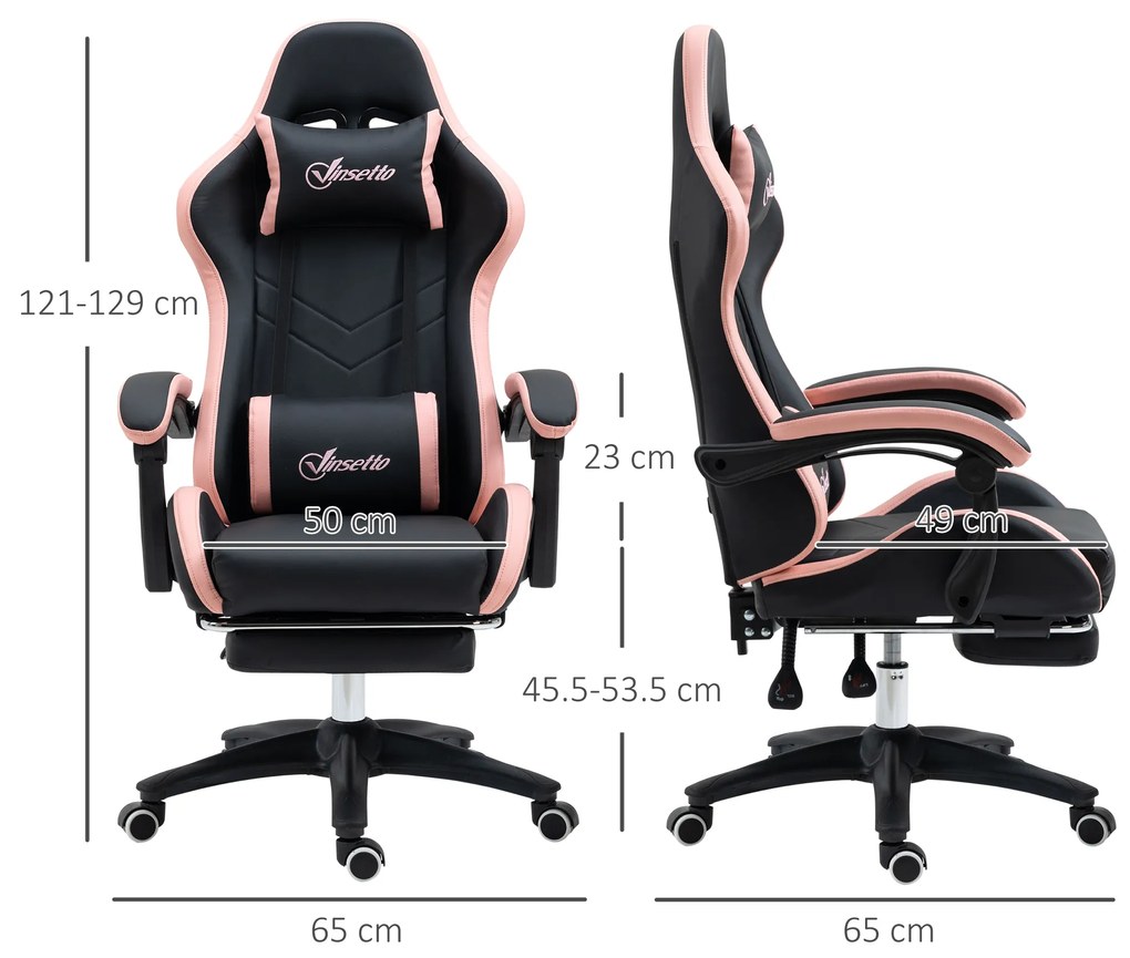 Scaun de Gaming Premium, Piele Ecologică PU, Oțel, Înălțime Ajustabilă, Spătar Inclinabil, 65x65x121-129 cm, Roz și Negru | Aosom Romania