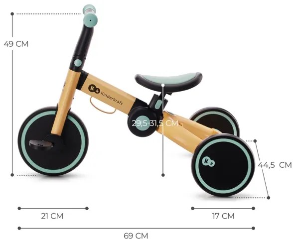 Tricicletă 3 în 1 pentru copii KINDERKRAFT 4TRIKE galben/verde-mentă