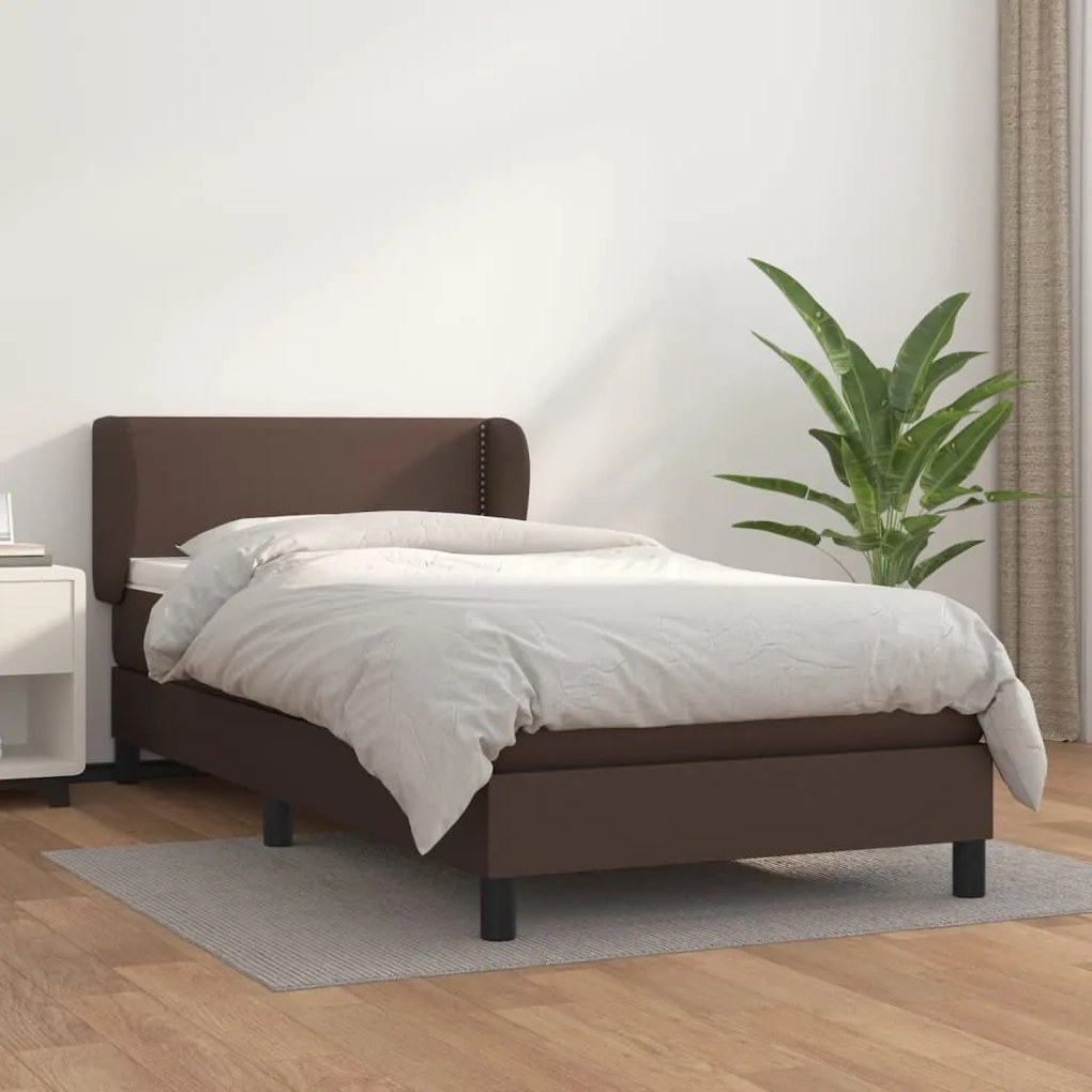 3127232 vidaXL Pat box spring cu saltea, maro, 90x200 cm, piele ecologică