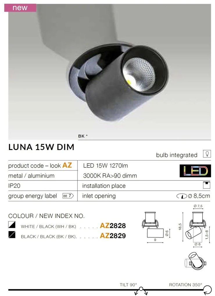 Spot LED dimabil incastrabil, directionabil pentru tavan/plafon LUNA alb/negru