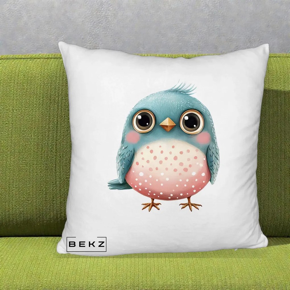 Perna Decorativa Pasare Teal-Roz cu Pete, 40x40 cm, Alb Pufos, Husa Detasabila, Perna Inclusa, BEKZ®