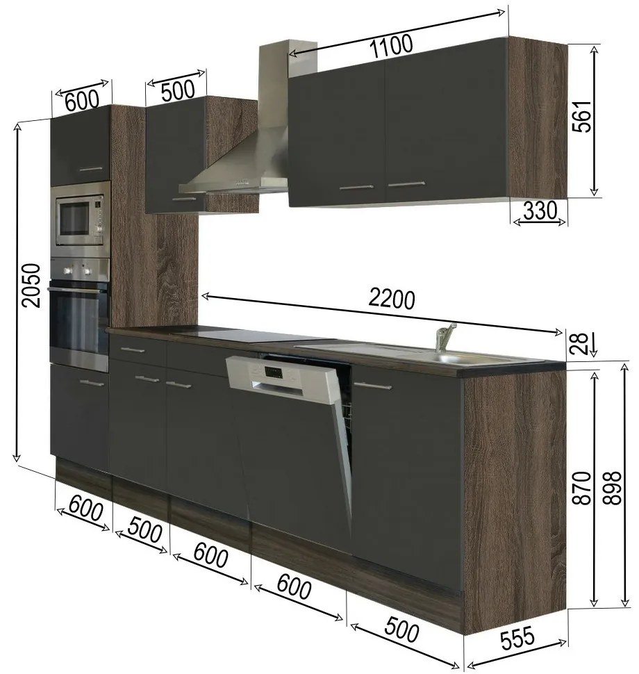 Mobilă de bucătărie Yorki cu corp din stejar Yorki, față antracit satinat, dimensiune 280 cm