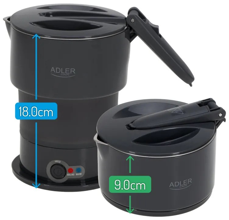 Fierbator pentru calatorii Adler AD 1377, 600W, 0,6 l, Corp pliabil din silicon, Protectie la supraincalzire, Indicator luminos, Gri/Negru