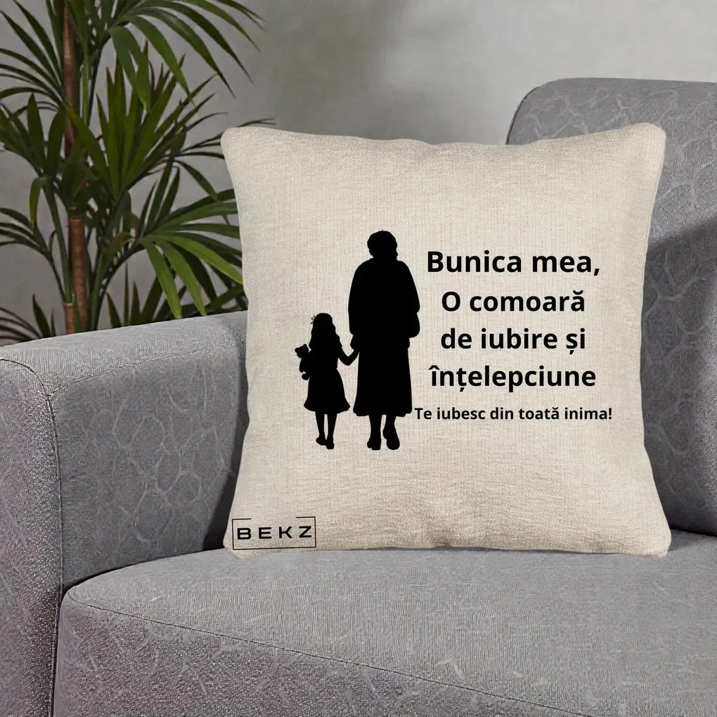 Cadou pentru Bunica - Perna Personalizata Bunica Mea Comoara Iubire Intelepciune Silueta, 40x40 cm, Bej Canapea, Husa Detasabila, Perna Inclusa, BEKZ®