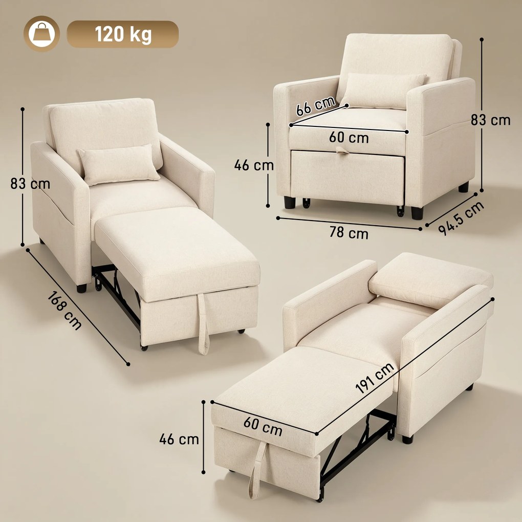 HOMCOM Fotoliu Extensibil 3 în 1 Pliabil cu Spătar Reglabil, Material cu Aspect de In, 78 x 94,5 x 83 cm, Alb Crem | Aosom Romania