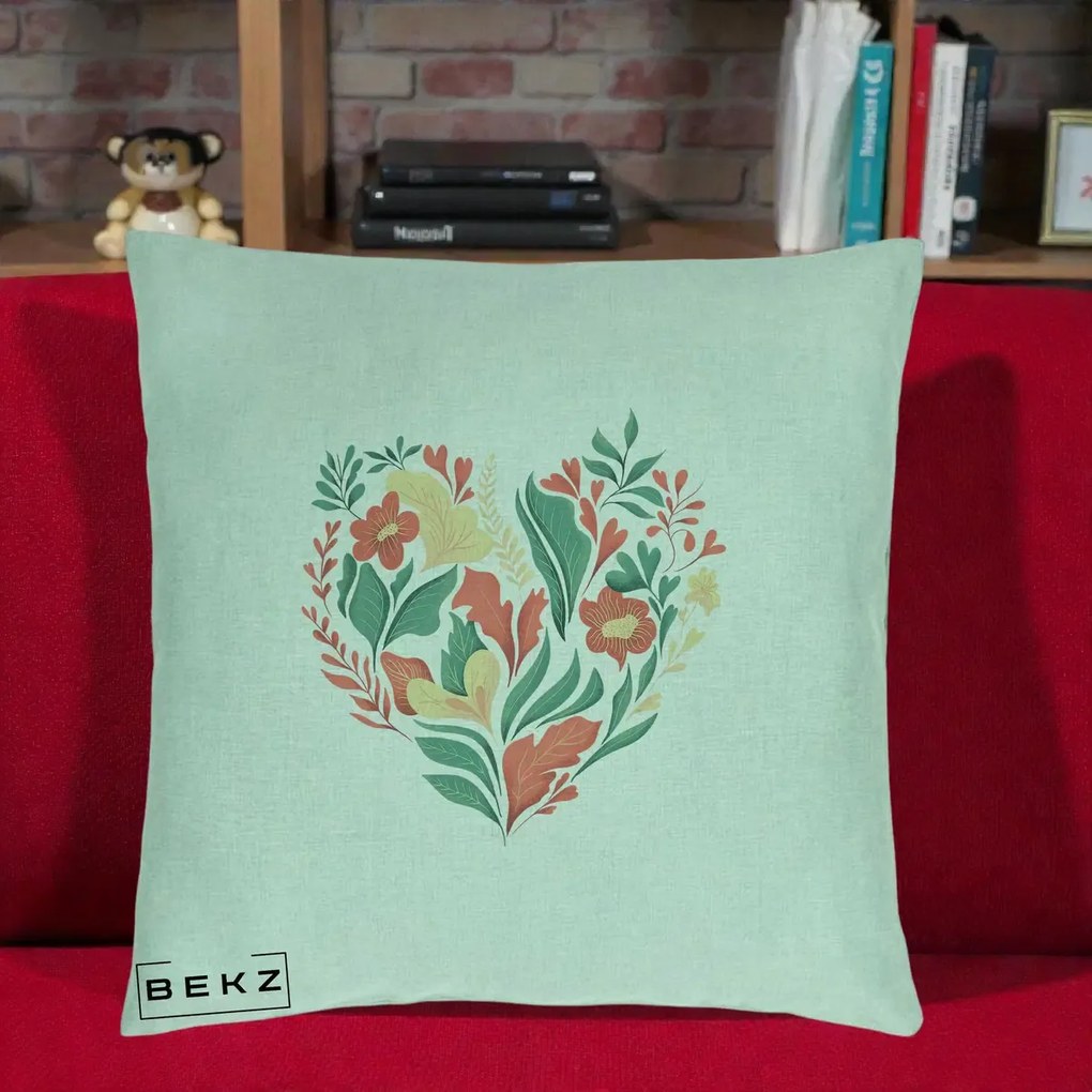 Perna Decorativa Inima Florala Botanica, 40x40 cm, Verde Menta, Husa Detasabila, Perna Inclusa, BEKZ®