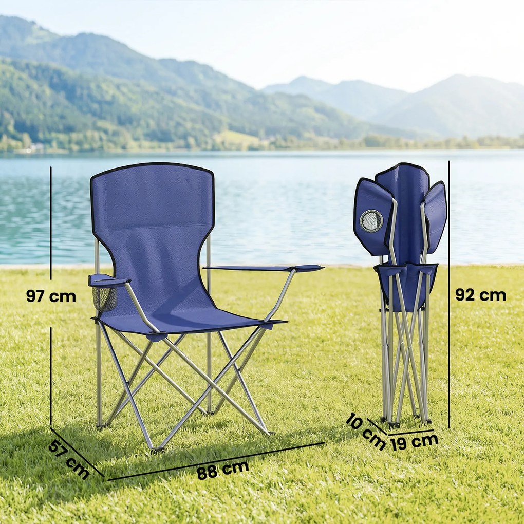 Outsunny Set de 2 scaune de camping pliabile cu suport pentru pahar, husă de transport, spătar înalt, 88x57x97cm, Albastru închis | Aosom Romania