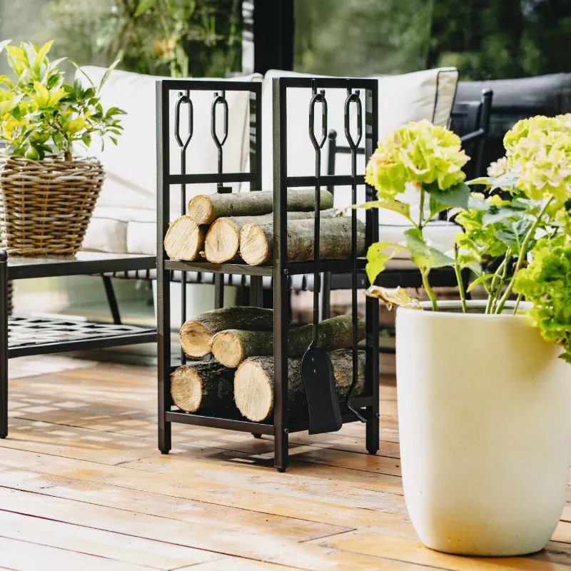 Suport pentru lemne de foc cu unelte Adler AD 6815, Pana la 80 kg, Douа rafturi, Constructie din otel, Negru