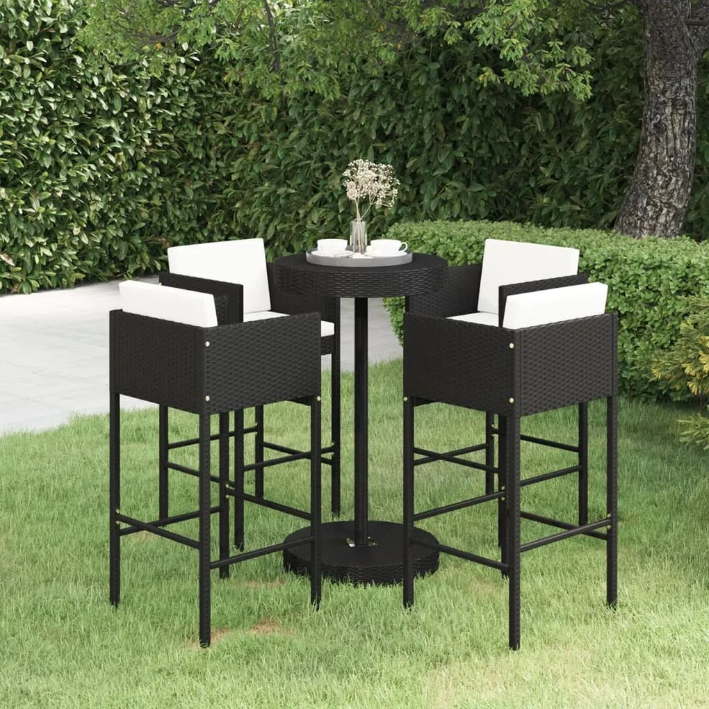 Set mobilier bar de gradina cu perne, 5 piese, negru, poliratan