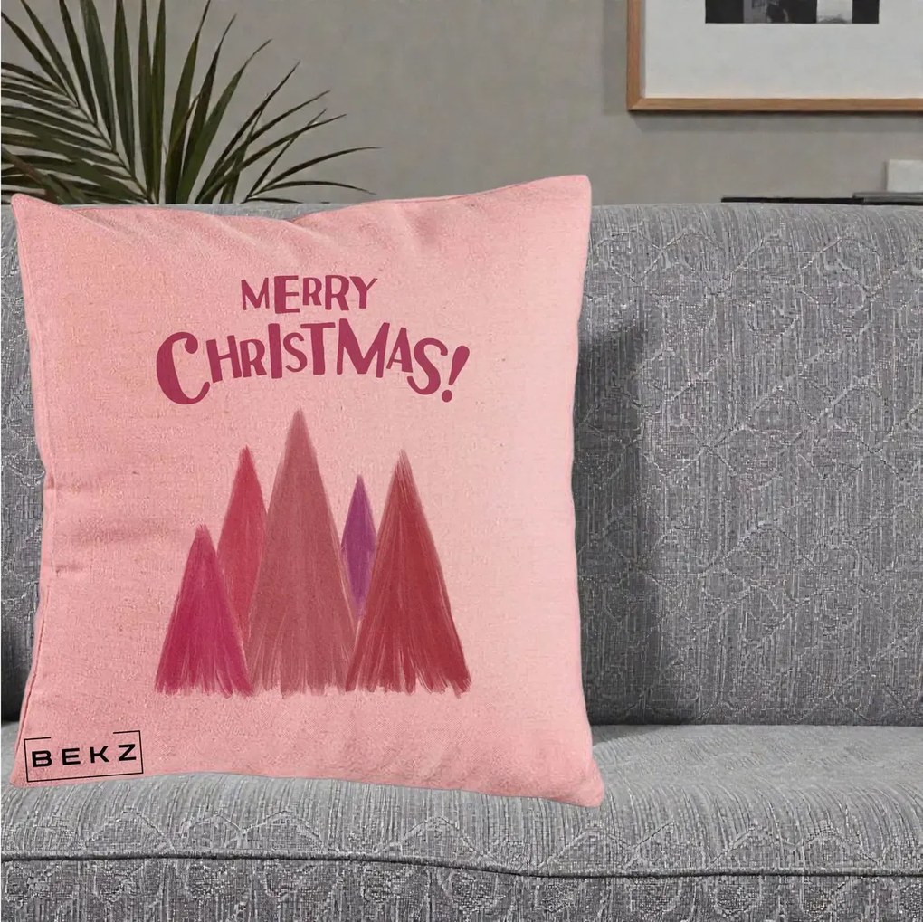 Perna Decorativa Merry Christmas Brazi Roz, 40x40 cm, Roz, Husa Detasabila, Perna Inclusa, BEKZ®