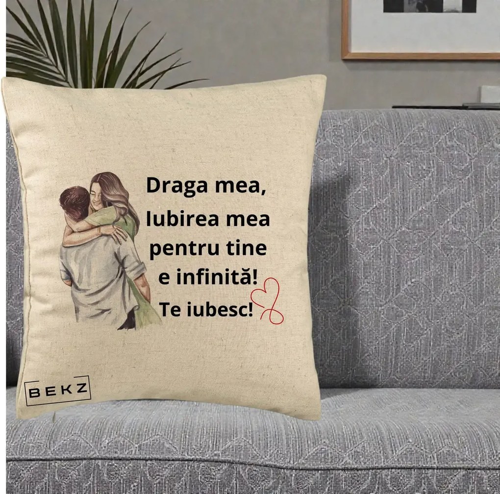 Cadou pentru Iubita - Perna Personalizata Draga Mea Iubirea Mea Infinita Te Iubesc cu Cuplu Acuarela, 40x40 cm, Bej, Husa Detasabila, Perna Inclusa, BEKZ®