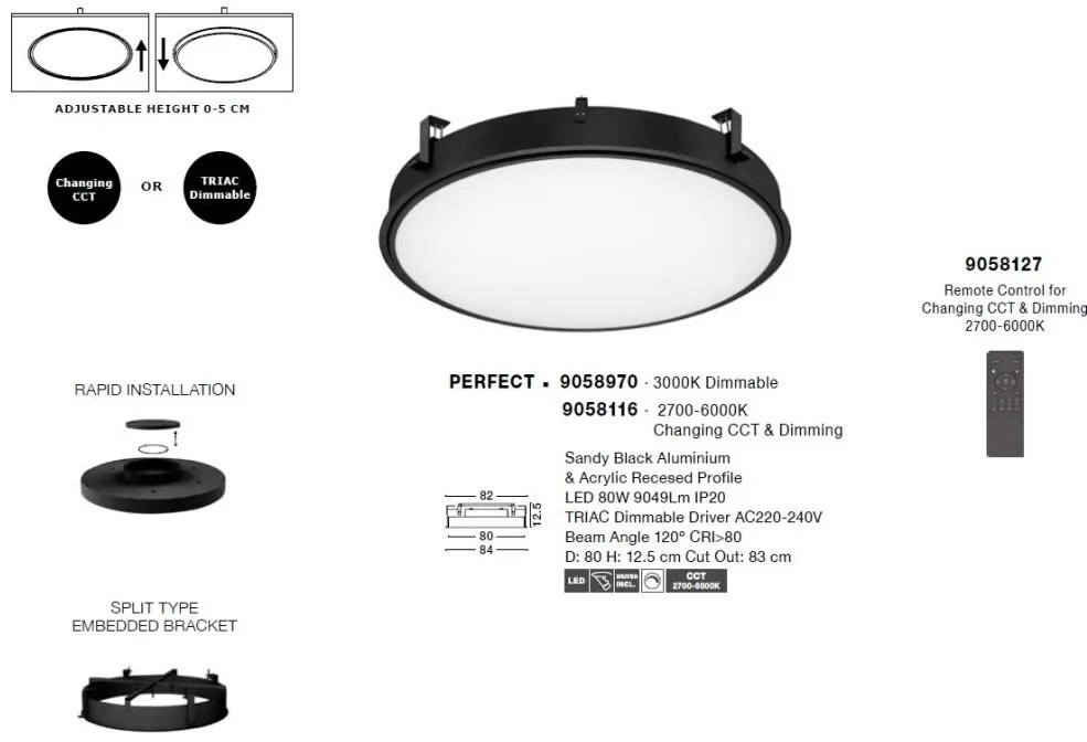Plafoniera LED incastrabila reglabila PERFECT 80cm negru CCT Dimmable