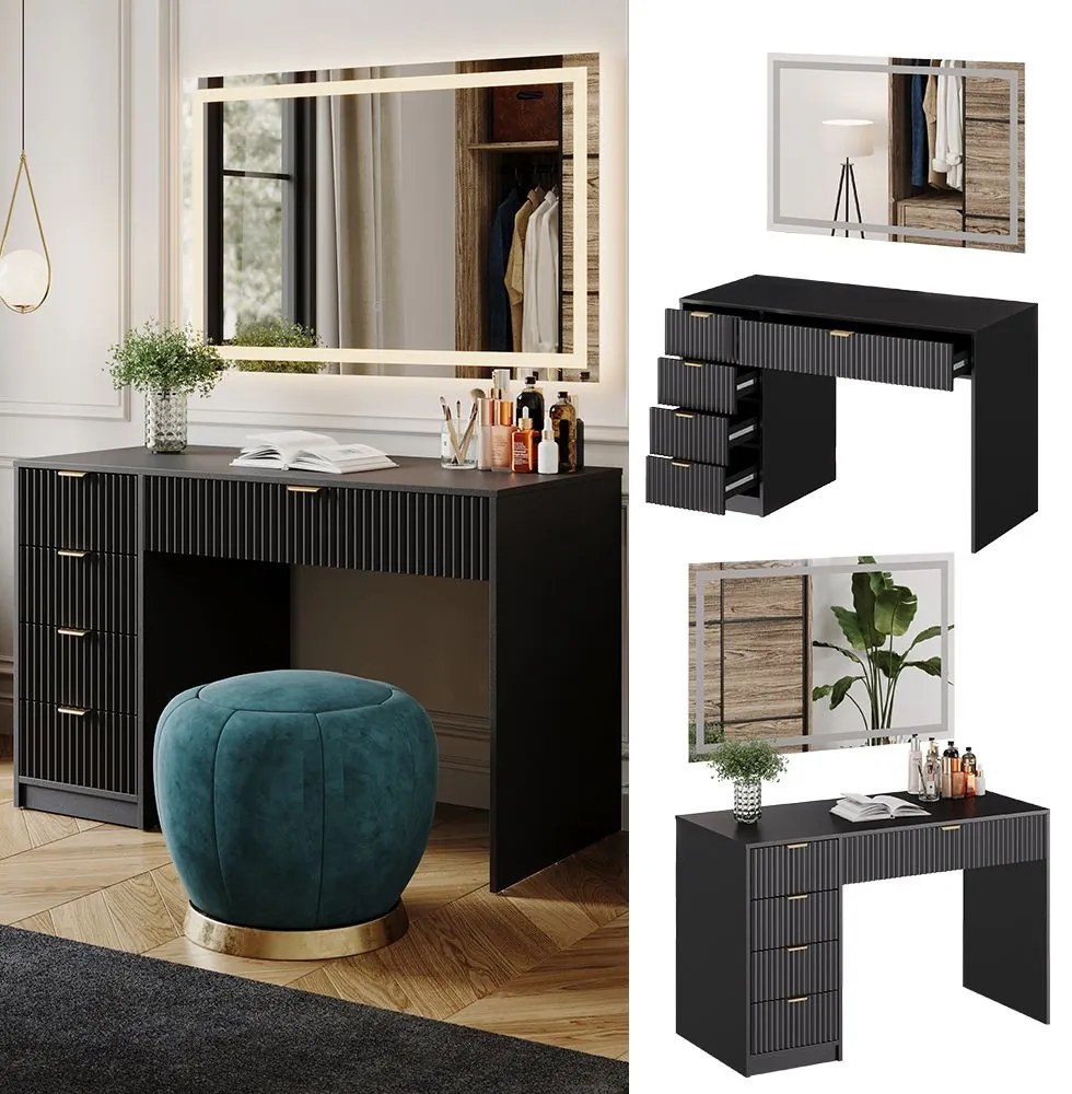 SEN250 - Set Masa toaleta, 120 cm, cosmetica, masuta machiaj, oglinda cu LED - Negru cu riflaje