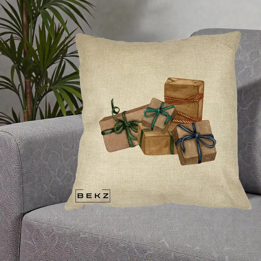 Perna Decorativa Cadouri de Craciun Kraft, 40x40 cm, Crem, Husa Detasabila, Perna Inclusa, BEKZ®