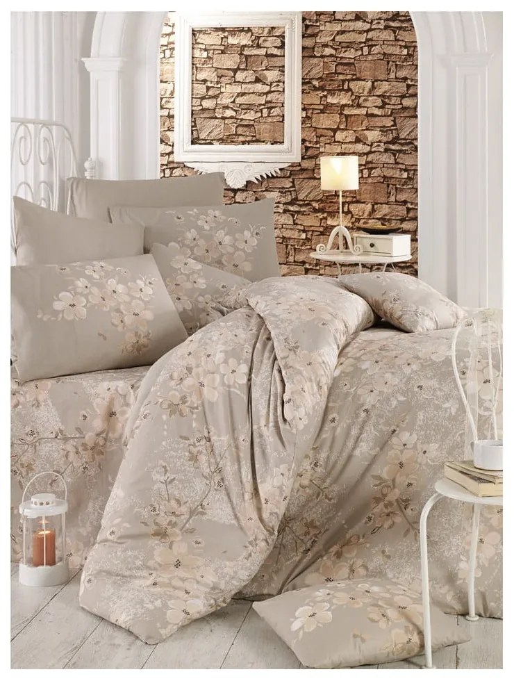 Lenjerie de pat bej din bumbac pentru pat dublu/extinsă cu cearceaf inclus 200x220 cm Elena – Mijolnir