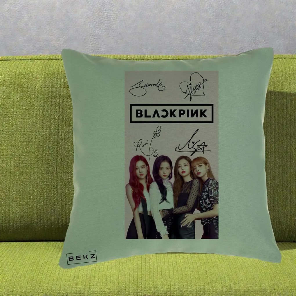 Perna Personalizata K-pop BLACKPINK Semnaturi si Foto, 40x40 cm, Verde, Husa Detasabila, Perna Inclusa, BEKZ®