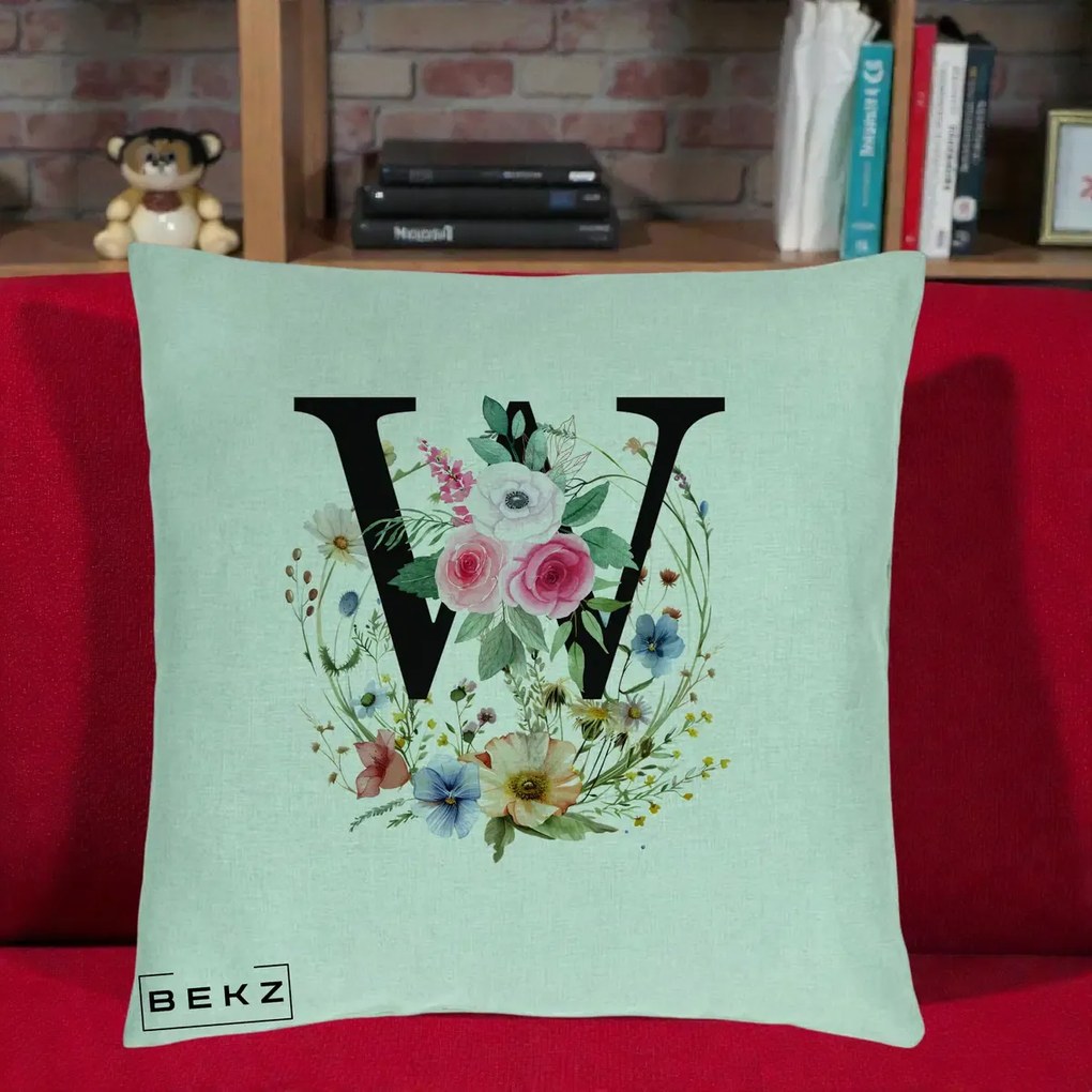 Cadou Personalizat - Perna Personalizata Monograma Florala Litera W, 40x40 cm, Verde Menta, Husa Detasabila, Perna Inclusa, BEKZ®