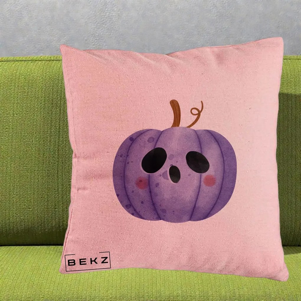 Perna Decorativa Dovleac Halloween Mov Kawaii, 40x40 cm, Roz, Husa Detasabila, Perna Inclusa, BEKZ®