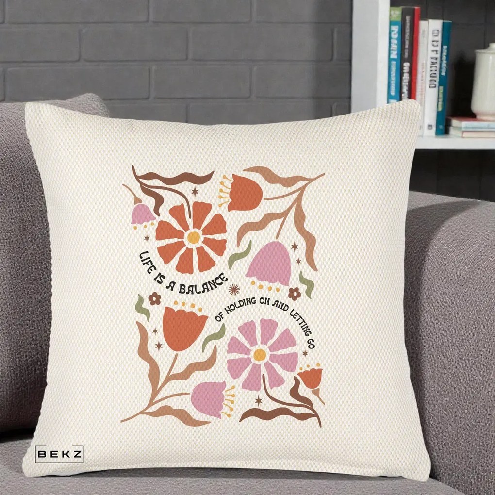Perna Decorativa Life is a Balance Floral, 40x40 cm, Crem Reliefat, Husa Detasabila, Perna Inclusa, BEKZ®