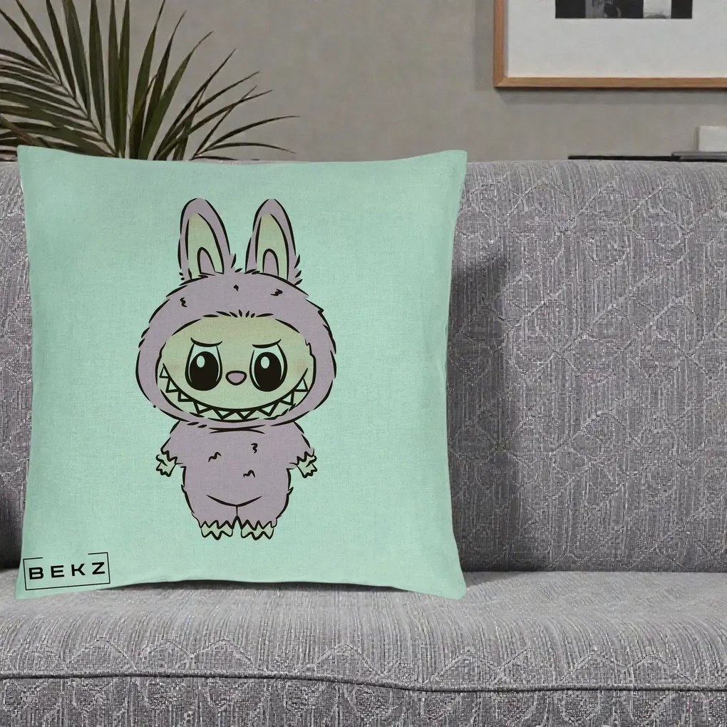 Perna Personalizata Labubu Mov Pastel, 40x40 cm, Verde Menta, Husa Detasabila, Perna Inclusa, BEKZ®