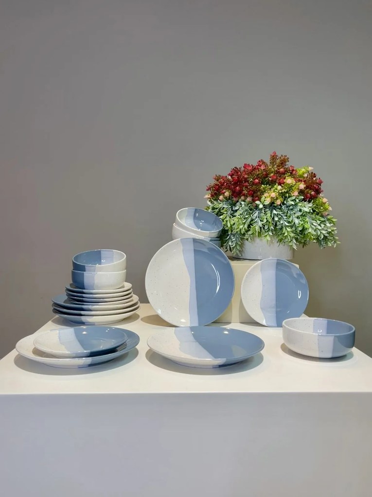 Set Farfurii 3 piese Artizan Albastru Indigo Pal (1 Farfurie 26cm, 1 Farfurie 20cm, 1 Bol 450ml) produs glazurat manual