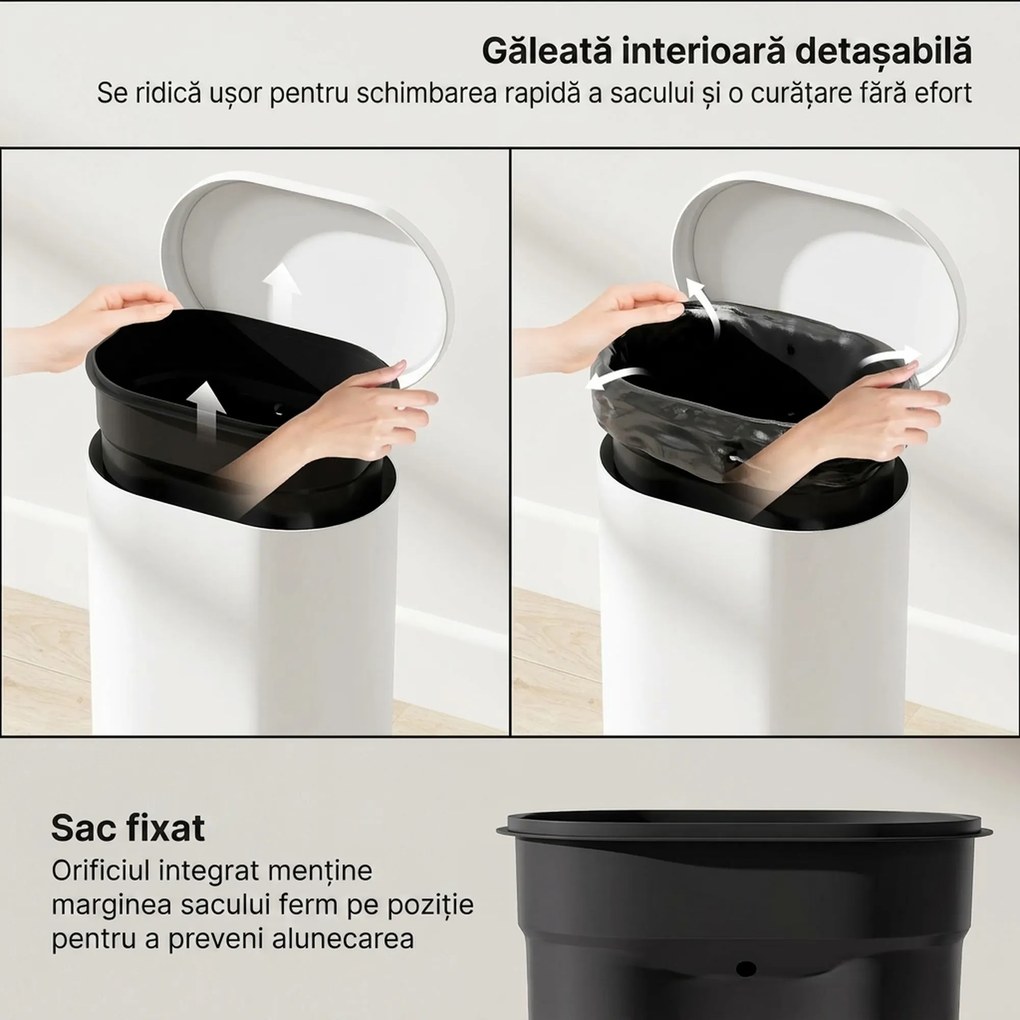 HOMCOM Coș de gunoi dreptunghiular cu pedală 12L din metal, cu găleată interioară detașabilă, închidere lentă, alb | Aosom Romania