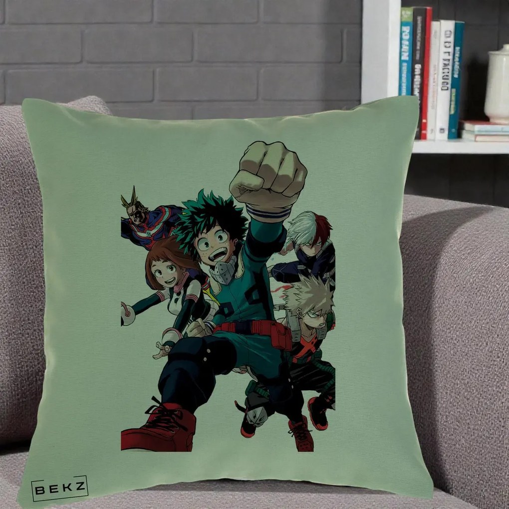 Perna Personalizata My Hero Academia Izuku Deku si Echipa, 40x40 cm, Verde, Husa Detasabila, Perna Inclusa, BEKZ®