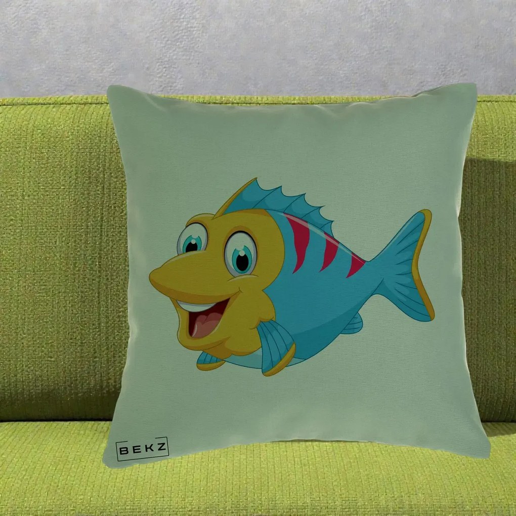 Perna Decorativa Peste Vesel Cartoon, 40x40 cm, Verde, Husa Detasabila, Perna Inclusa, BEKZ®