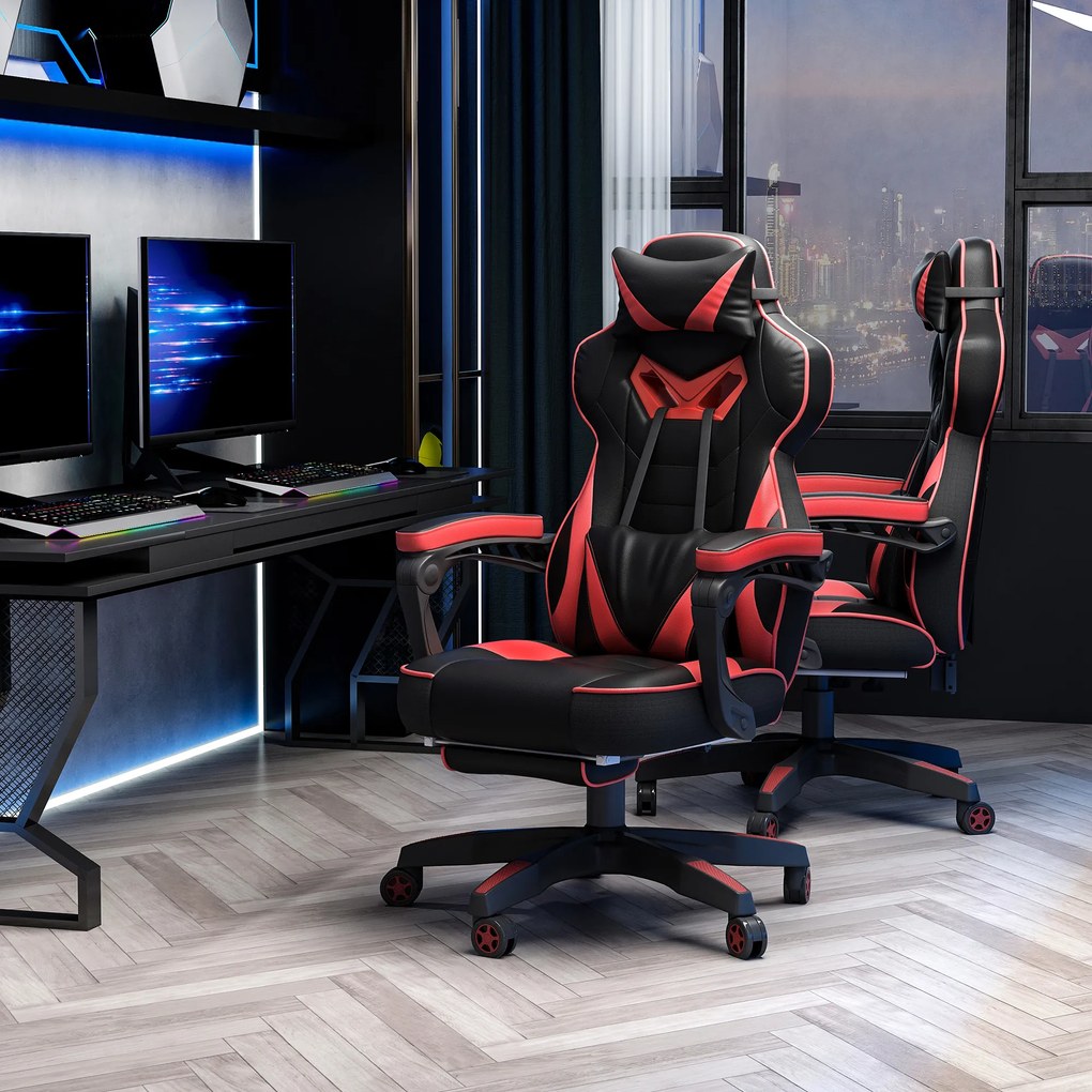 Vinsetto Fotoliu gaming Ergonomic, Fotoliu de birou confortabil cu Suport pentru picioare, Suport pentru cap și pernă lombară, Înălțime reglabilă, negru și roșu | Aosom Romania