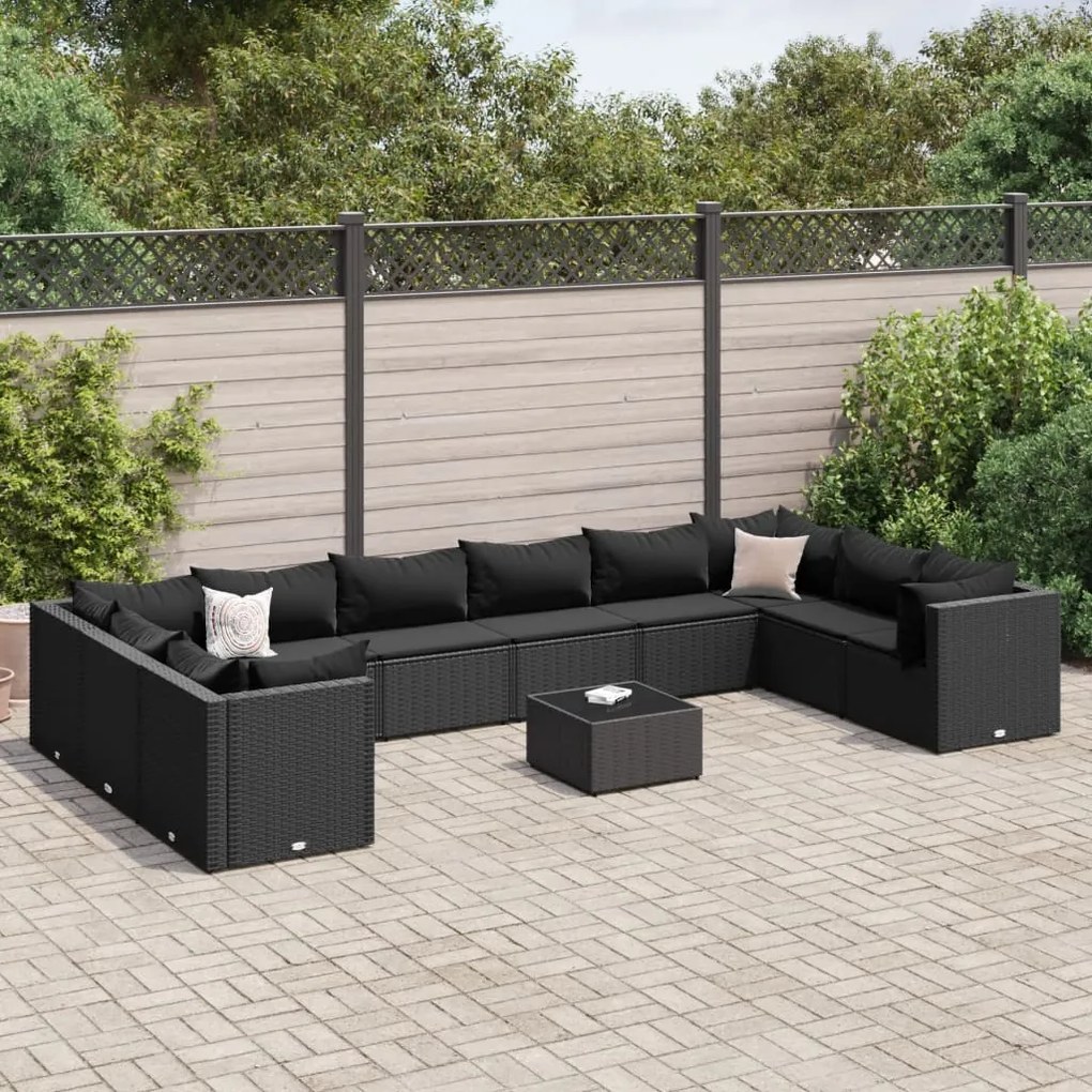 3308291 vidaXL Set mobilier de grădină cu perne, 11 piese, negru, poliratan