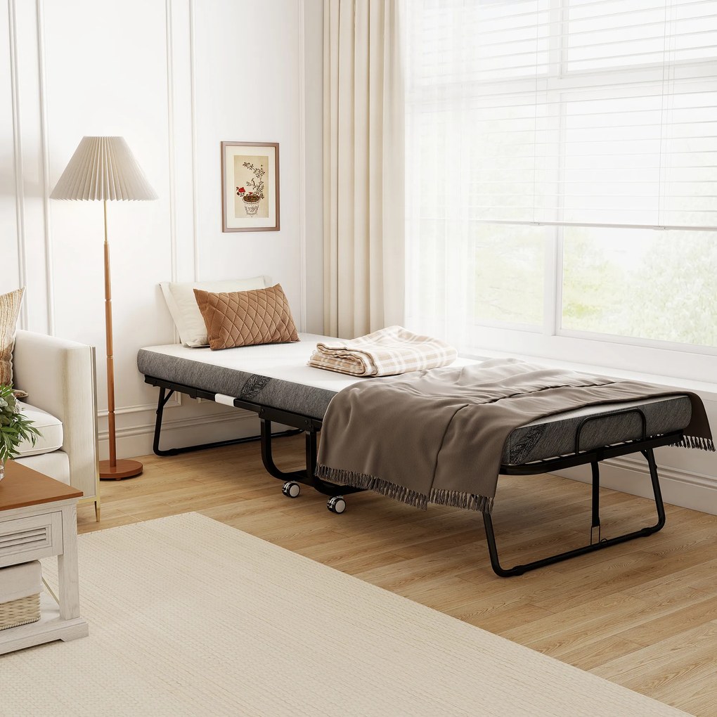 HOMCOM Pat pliant de oaspeți cu roți Oțel+Spumă Alb+Negru 200 x 80 x 42,5 cm | Aosom Romania
