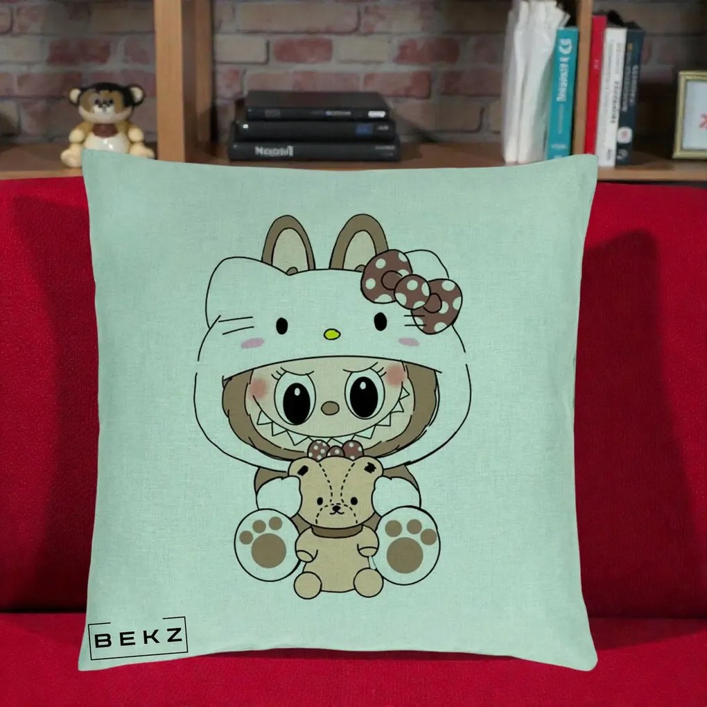 Perna Personalizata Labubu x Hello Kitty Maro-Vintage, 40x40 cm, Verde Menta, Husa Detasabila, Perna Inclusa, BEKZ®