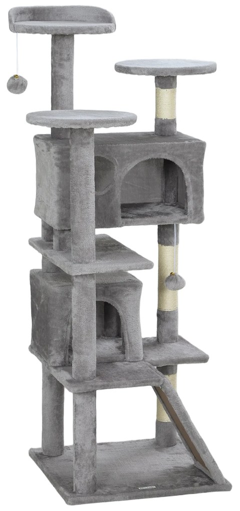 PawHut Arbore pentru pisici înălțime 138 cm, turn de joc pentru pisici cu zgârietoare, platforme, 2 cotețe, 49 x 49 x 138 cm gri deschis | Aosom Romania