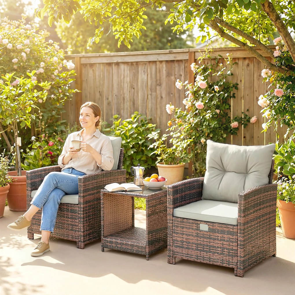 Outsunny Set de Mobilier de Grădină din Rattan 5 Piese, Set de Mobilier Exterior cu 2 Suporturi pentru Picioare, 2 Fotolii, Masă de Cafea cu 2 Niveluri, Perne, pentru Balcon, Terasă, Patio, Maro/Crem | Aosom Romania