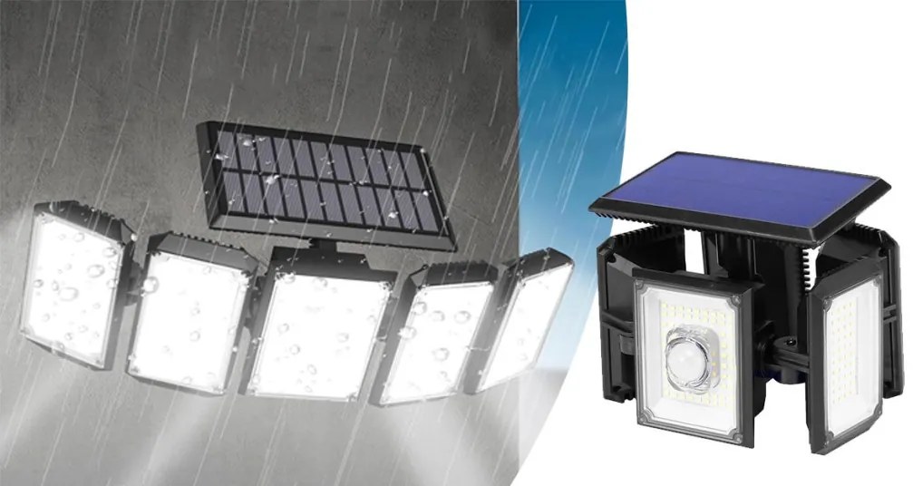 Lampa solara rotativa cu 5 panouri, 300 LED
