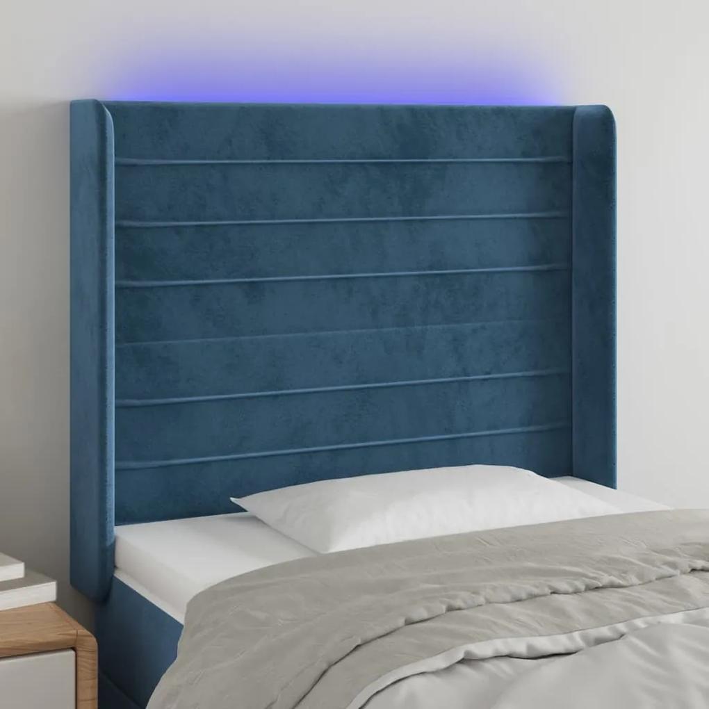 3124222 vidaXL Tăblie de pat cu LED, albastru închis, 83x16x118/128cm, catifea