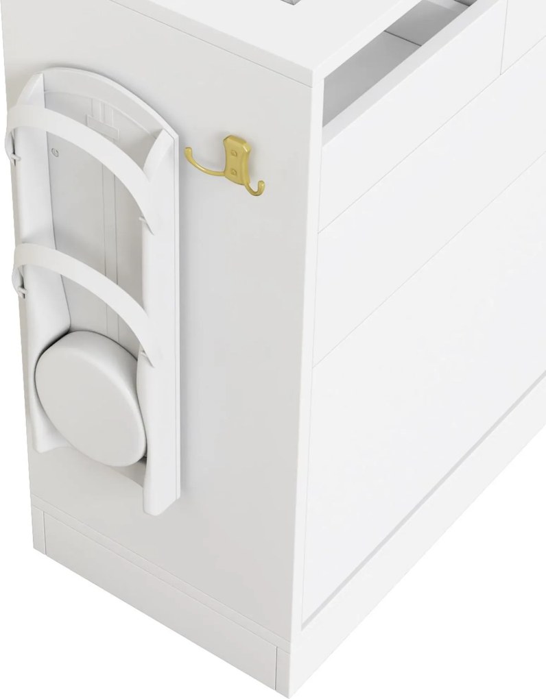 Combinație 6-în-1 pentru intrare cu iluminare LED, set cuier, masă de toaletă, bancă pentru pantofi, dulap rabatabil pentru pantofi și vitrină din sticlă, 163x35x161 cm, Alb